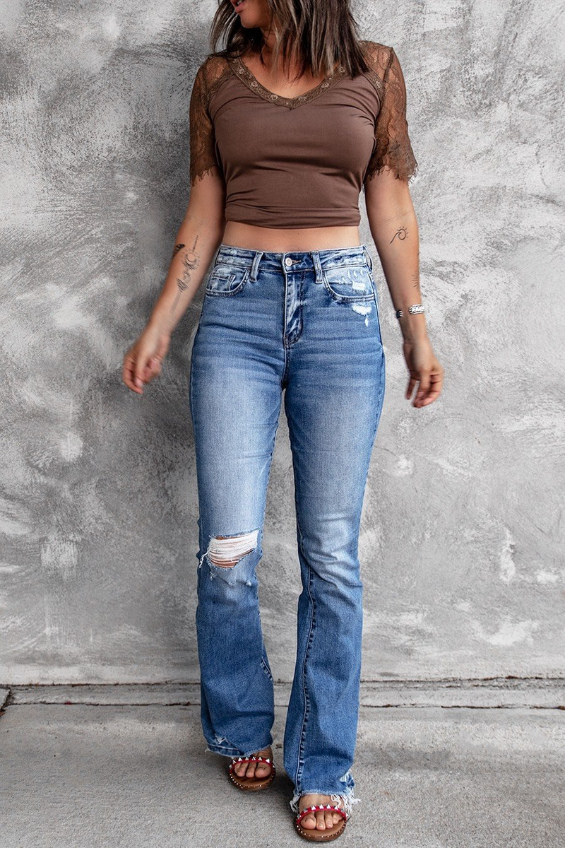 Jeans aderenti a vita alta, elastici, retrò, aderenti, da donna, con fondo a campana, strappati_voghion.com