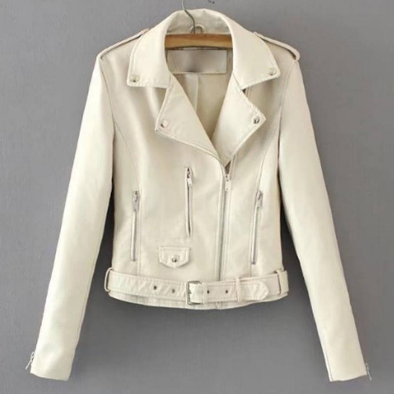 Lady Leather Long Sleeve Lapel Zipper Button Pocket Motorcycle Jacket Short Coat_voghion.com