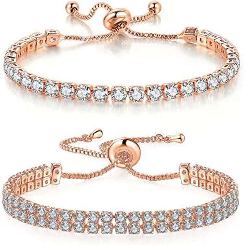 Elegantes Tennisarmband-Set mit weißem Zirkonia | Verstellbare Zugkette | Ein- und zweireihiges Diamant-Design_voghion.com