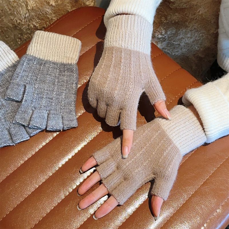 Winter Student Half-Finger Knitted Wool Fleece Touchscreen Writing Cycling Anti-Slip Fingerless Warm Gloves_voghion.com