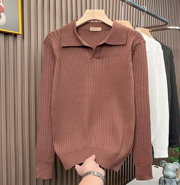 Maglione polo lavorato a maglia da uomo, primavera e autunno, nuovo e semplice, con risvolto a righe, temperamento, maglione a maniche lunghe con trama di alta qualità da uomo_voghion.com