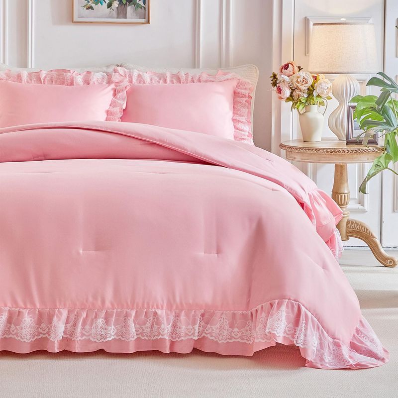Black Lace Trim Bedding Set - Fluffy Polyester Quilted Comforter With Duvet Cover & Pillowcases - Elegant & Romantic Home Decor_voghion.com