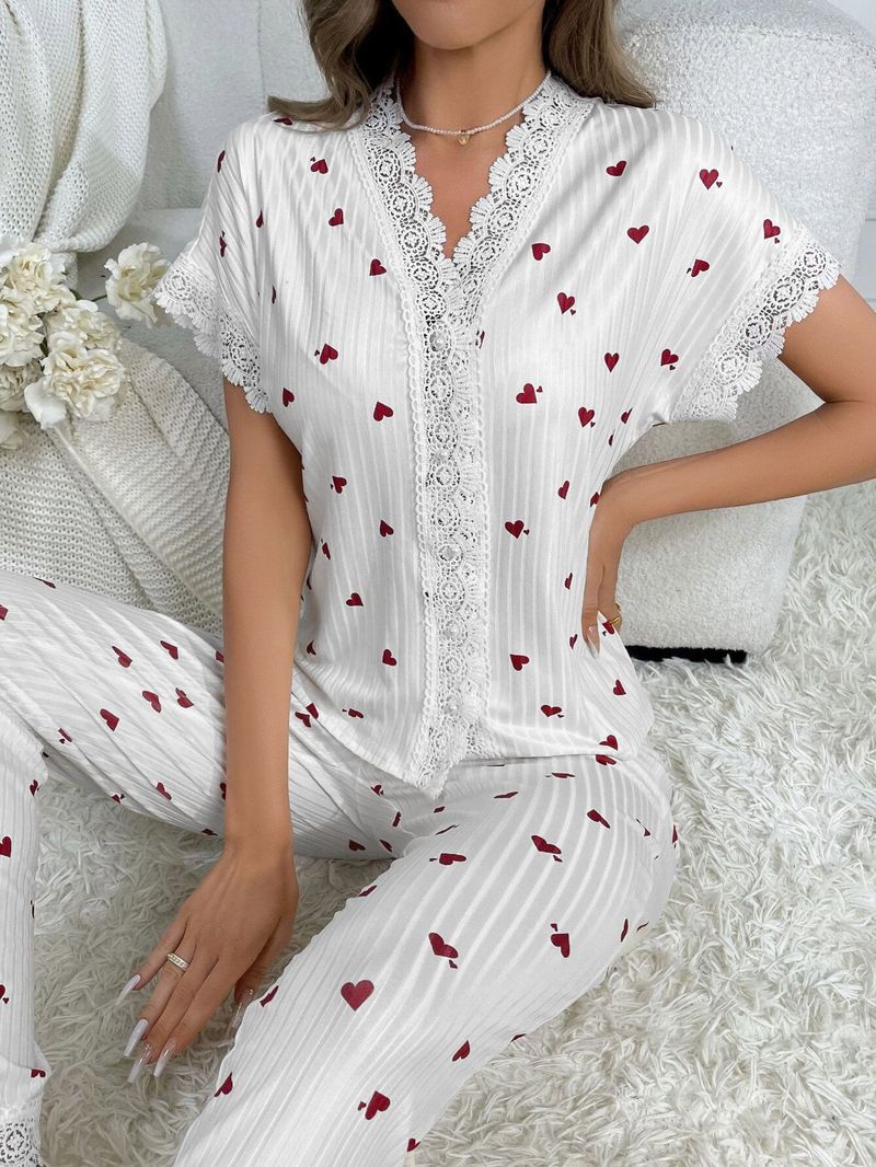 Bayan Ev Giyim Pijama, Kısa Kollu Üst ve Pantolon İki Parça Set, Kiraz Desenli._voghion.com
