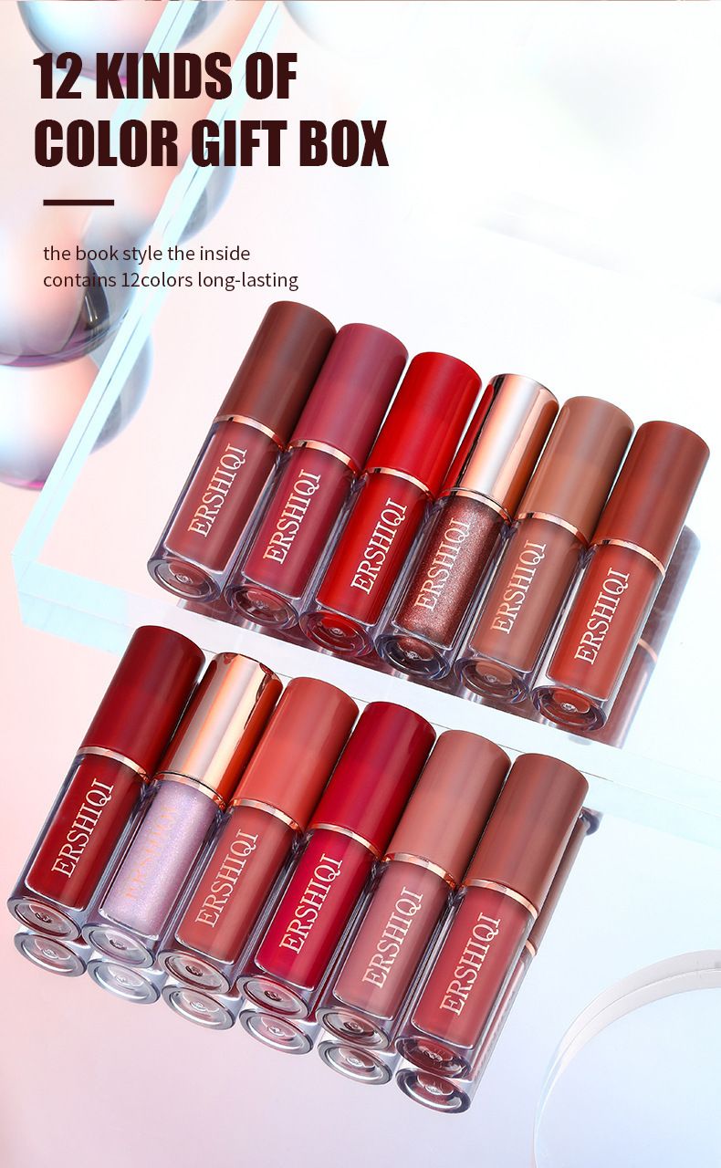 ErshiQi 12 color book set with matte pearl non stick cup lip gloss lipstick_voghion.com