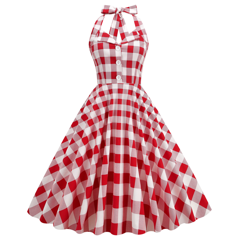 Foreign trade Hepburn style lapel plaid halter neck backless sexy long swing dress cotton Vintage women_voghion.com