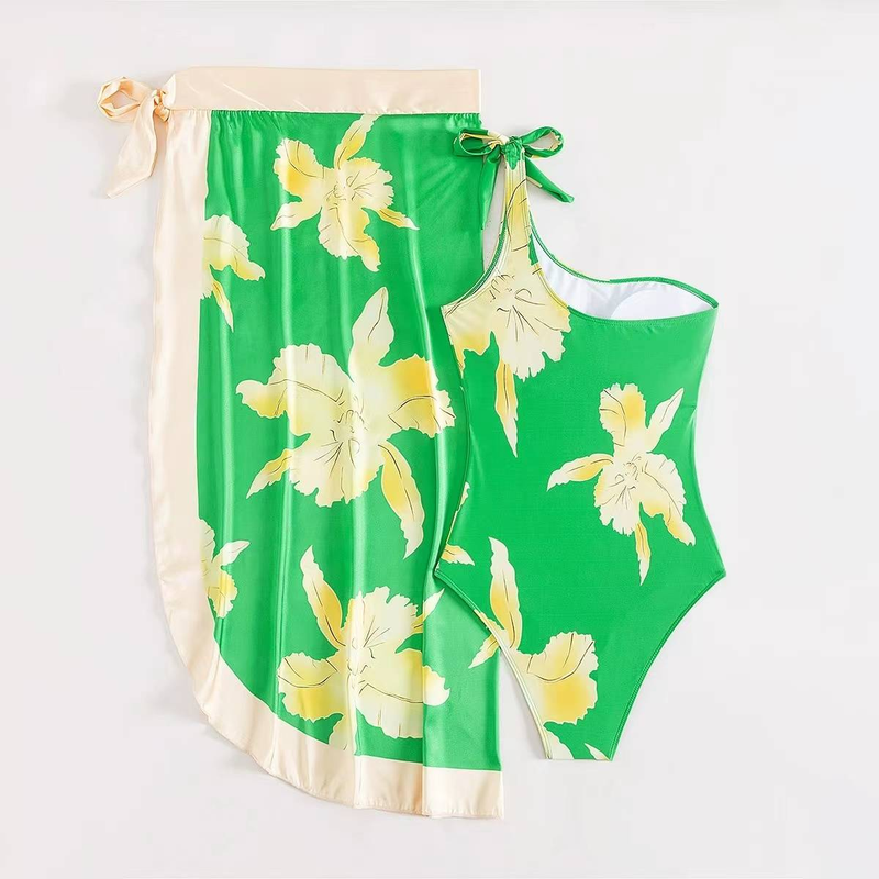 European and American conservative one-piece swimsuit chiffon skirt two-piece casual belly covering women's swimsuit_voghion.com