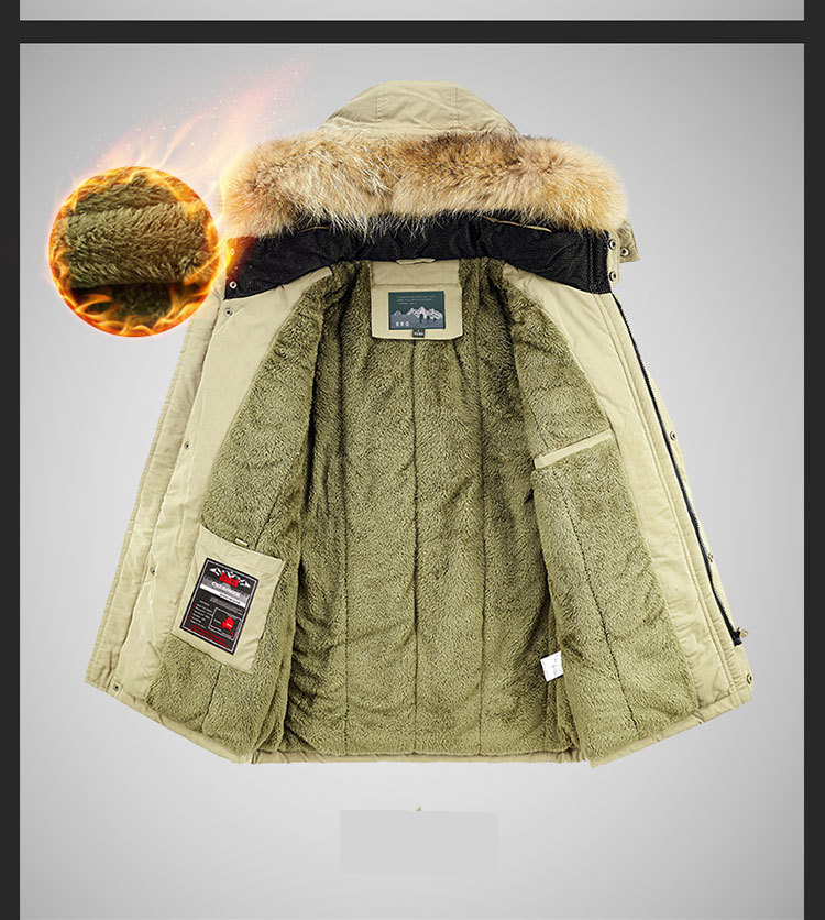Herrenbekleidung Herren-Langmantel mit Fleecefutter und Kapuze – warme Winterjacke mit Reißverschluss für die Freizeit (Khaki, Schwarz, Armeegrün, Marineblau)_voghion.com