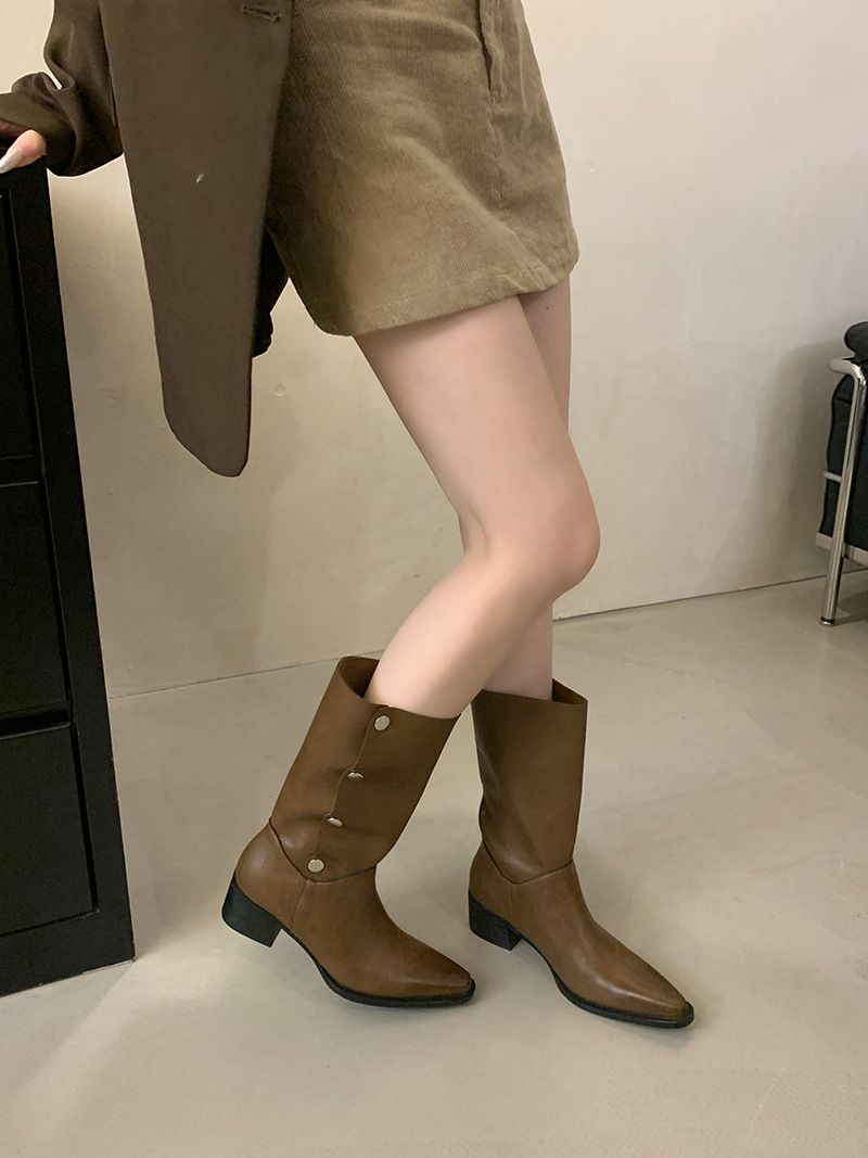 Damenschuhe Stiefeletten Herbst Neue Stiefel aus weichem Leder in geriebener Farbe Metall versteckte Schnalle kann gefaltet werden Zwei Tragemöglichkeiten Retro-Ritterstiefel mit dickem Absatz_voghion.com