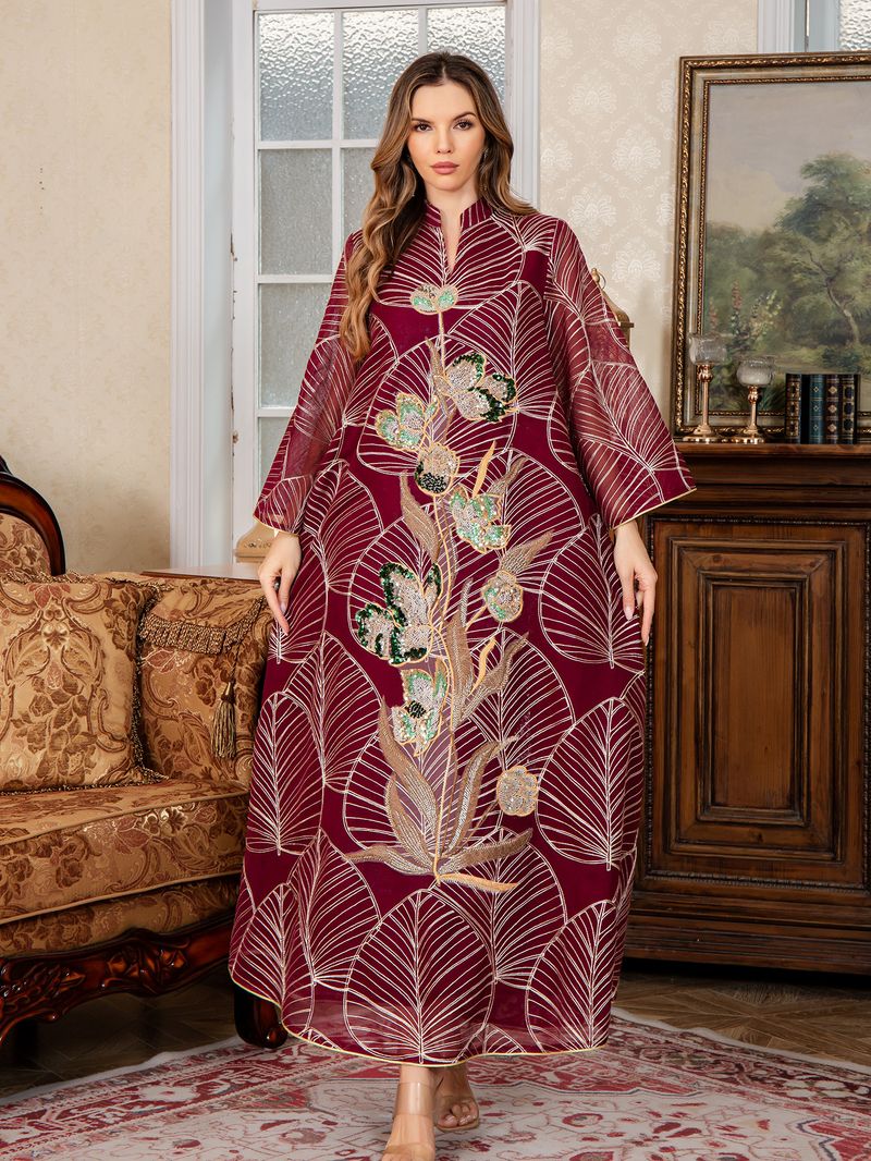 Elegante abito Abaya ricamato – Abito lungo musulmano a maniche lunghe per donna (M-XXL, rosso/beige/verde)_voghion.com