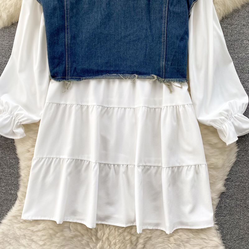 populära tvådelade kostymer, koreanska damkläder, designjacka i jeansväst, mångsidig babydollkjol, fashionabla tvådelade kostymer_voghion.com