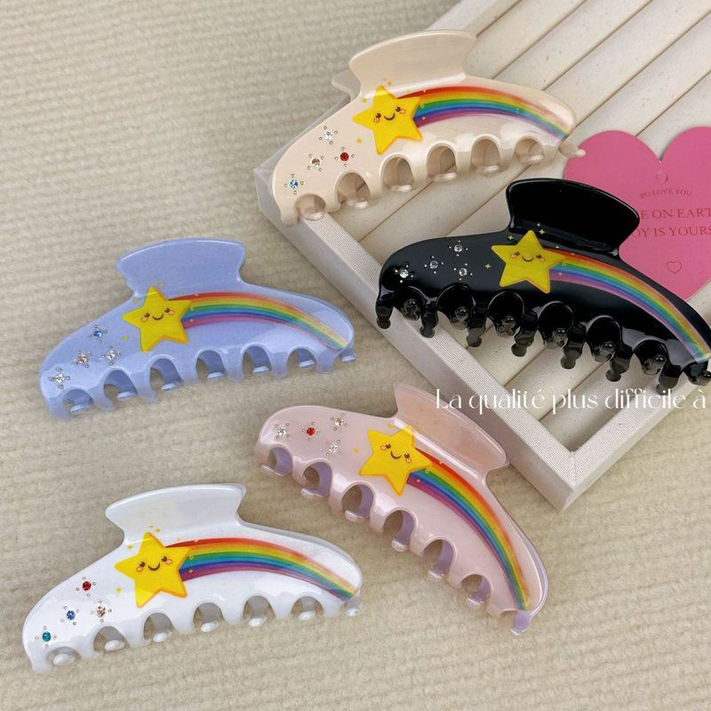 Eleganter Regenbogen im koreanischen Stil mit fünfzackigem Stern und Acetat-Textur-Greifer-Design, mit Diamanten besetzte Hochsteckfrisur am Hinterkopf, Haifisch-Clip, Haar-Accessoires_voghion.com