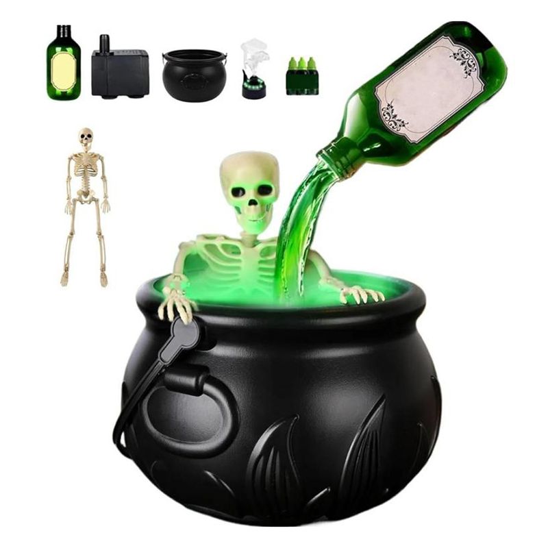 Griezelige heksenketel met mistmaker en drijvende fles, plastic ketel en skelet, Halloweendecoratie, ketel en horror-rekwisieten_voghion.com