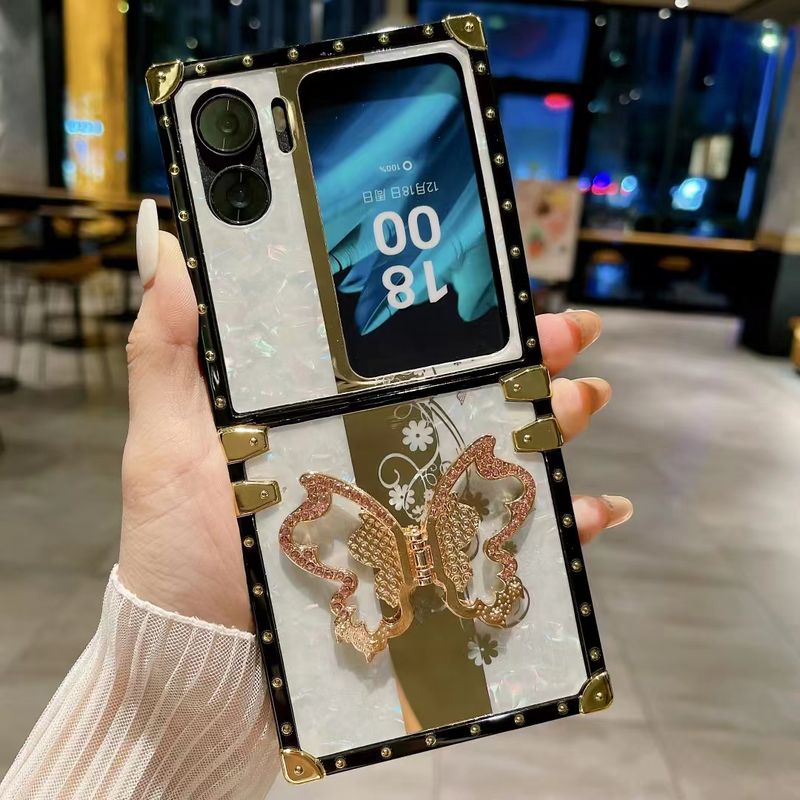 For Oppo N2 Flip Luxury Cute Square Shell Butterfly Flower Diamond Ring Stand Holder Phone Case Cover_voghion.com