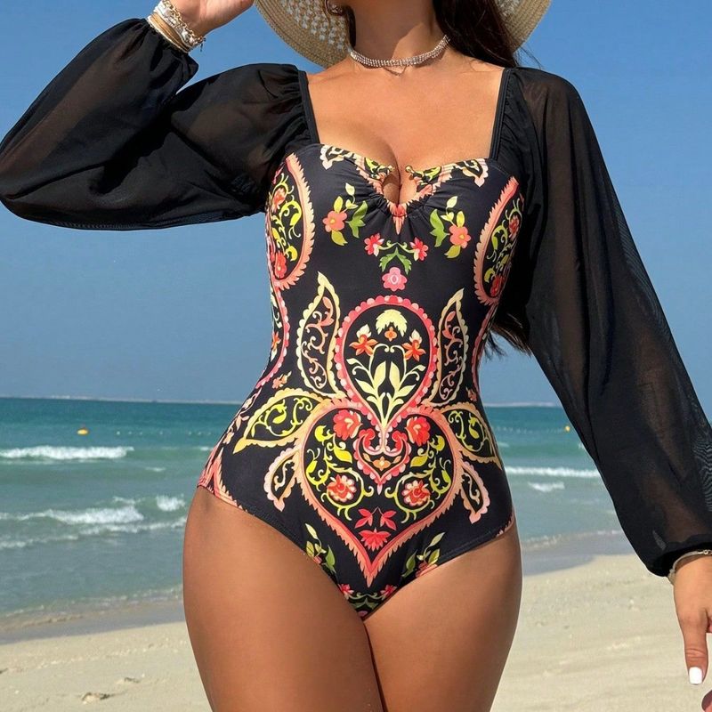 Damenbekleidung Neuer Badeanzug Damen Bauchbedeckter Abnehmender Sexy Langarm-Trägerloser bedruckter Badeanzug_voghion.com