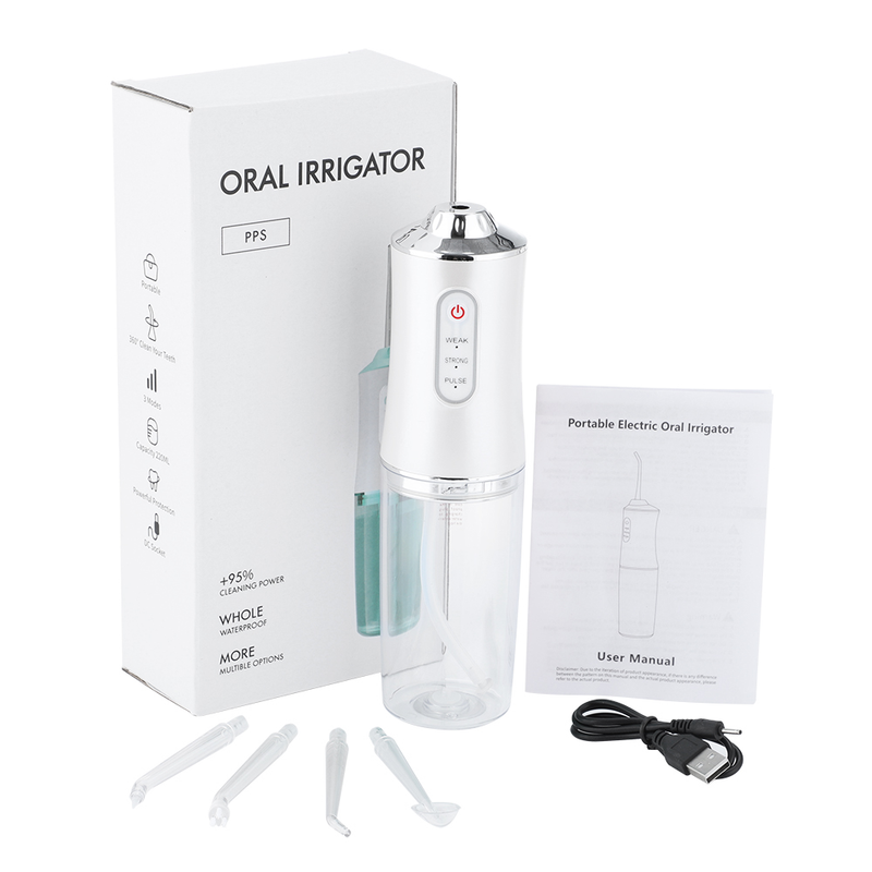 Munddusche, tragbare Dental-Wasserflosser, USB wiederaufladbar, Wasserstrahl, Zahnseide, Zahnstocher, 4 Düsenspitzen, 220 ml, 3 Modi, IPX7, 1400 U/min_voghion.com