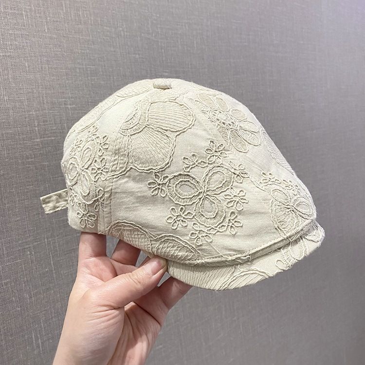 Thin Embroidered Flower Forward Cap For Women, Spring And Summer New Versatile Face-Slimming Duckbill Beret, Breathable_voghion.com