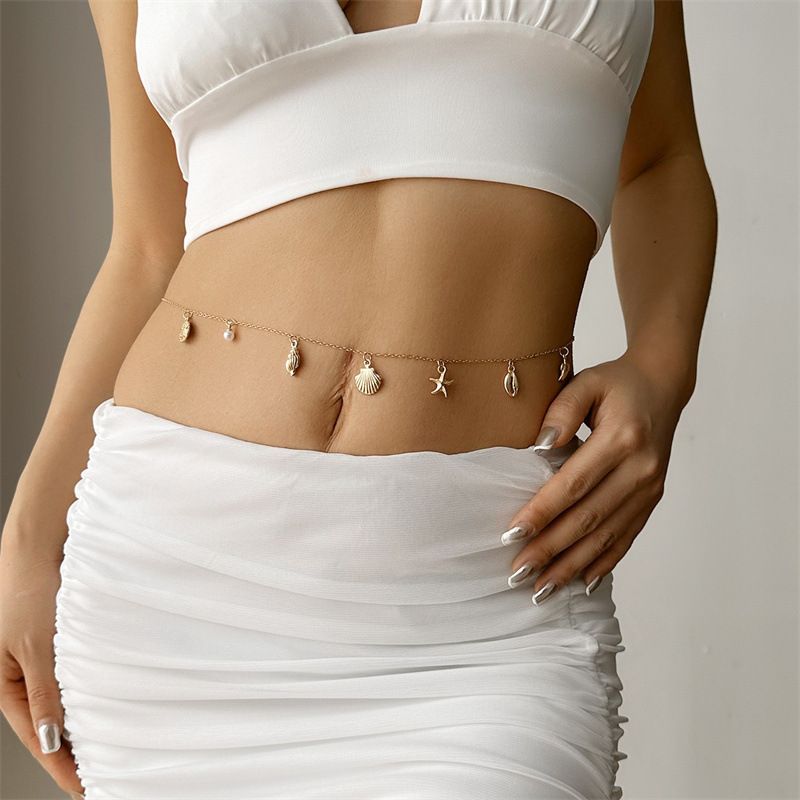 Bohemian Style Shell Stone Bead Waist Chain Set With Pearls, Starfish, And Conch Trendy Accessories_voghion.com