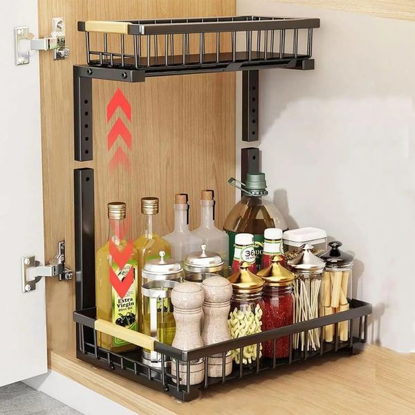 2 In Set Dish Drying Rack And Under Sink Organizer Rack, Large Dish Rack With Drainboard, 2 Tier Pull Out Cabinet Shelf For Kitchen Storage_voghion.com