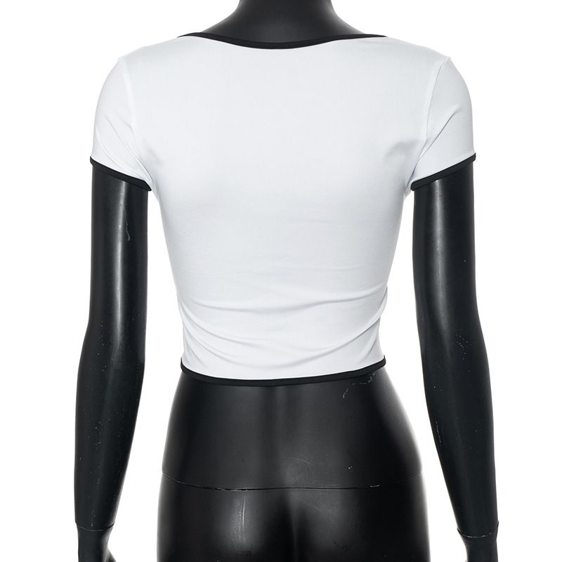 Q24TP118 Fashionable contrasting color U-neck pleated pullover short top for women's 2024 summer versatile style_voghion.com