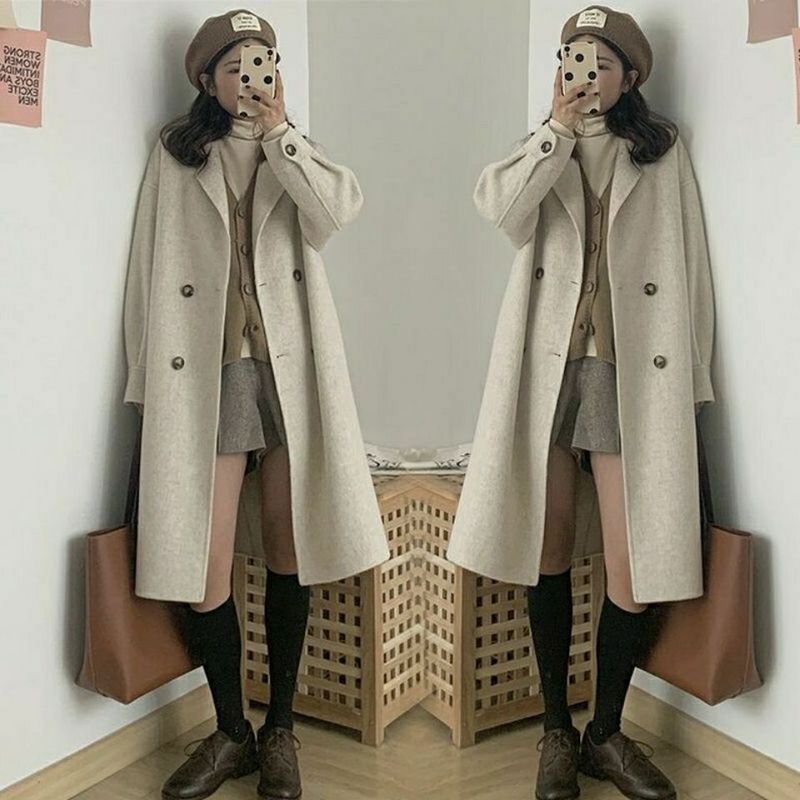 Kamelhaarmantel für Damen, hochwertiger, mittellanger Woll-Kaschmirmantel, Wollmantel mit Revers, verdickter Mantel für kleine Leute_voghion.com