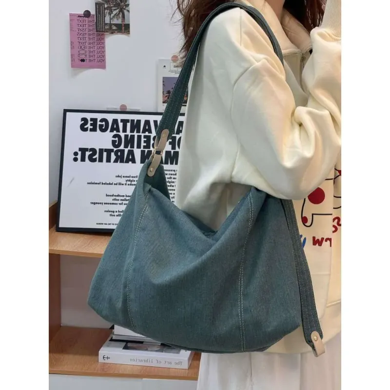Large Capacity Lazy Style Denim Canvas For Women Loose Feel Underarm Commuter Crossbody Bag_voghion.com