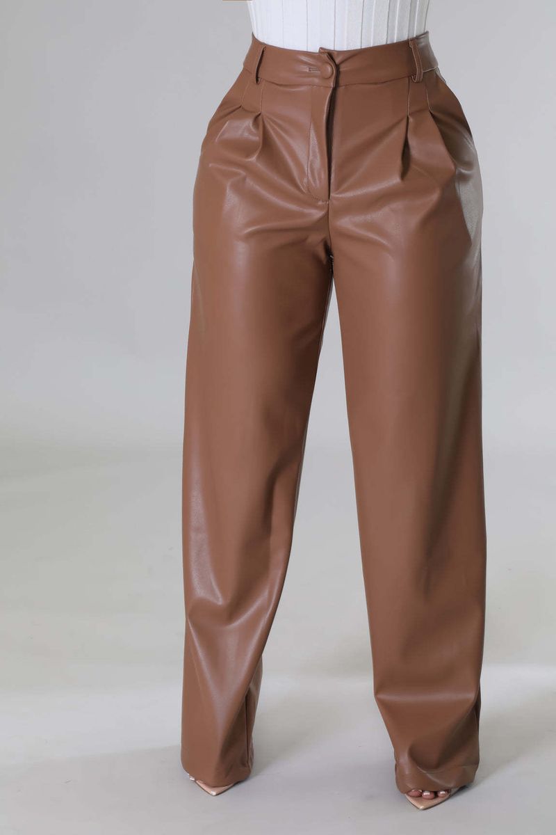 Abbigliamento donna autunno e inverno PU donna pantaloni larghi in pelle casual con tasche larghe_voghion.com