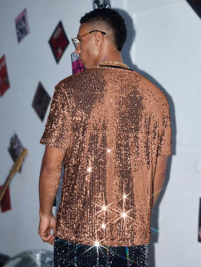 2025 grenzüberschreitende Sommer neue Pailletten Kurzarm-T-Shirt Herren europäischen und amerikanischen Performance Kleid glänzende Sänger Kleidung_voghion.com