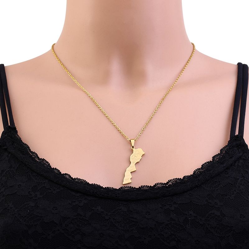Collier avec pendentif en acier inoxydable représentant la carte et la ville du Maroc, style ethnique, accessoire de personnalité populaire_voghion.com