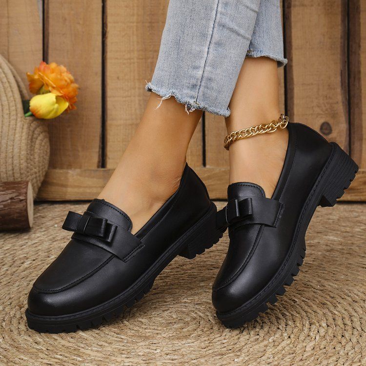 Kleine Lederschuhe Damen Neue Dickbesohlte Schleife Ein Slip-on Große Größe Loafer_voghion.com