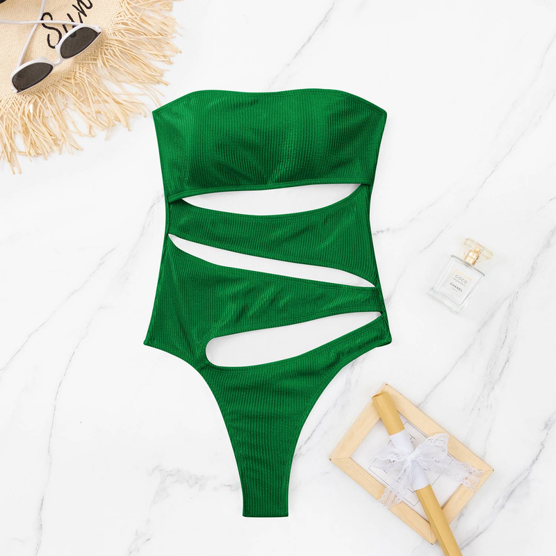 Maillot de bain une pièce européen et américain, couleur unie, rayé, Bikini, transfrontalier, Sexy, tissu léger, nouvelle collection 2024_voghion.com