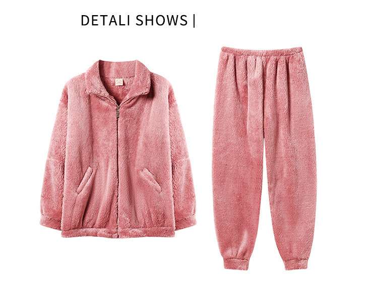 Coral Fleece Pajamas Women Winter Plus Velvet Thickened Stand Collar Zipper Flannel Autumn and Winter Style Can Be Worn as Home Clothes Set_voghion.com