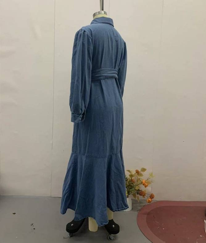 Women's Solid Color Zippered Waist Muslim Denim Dress_voghion.com
