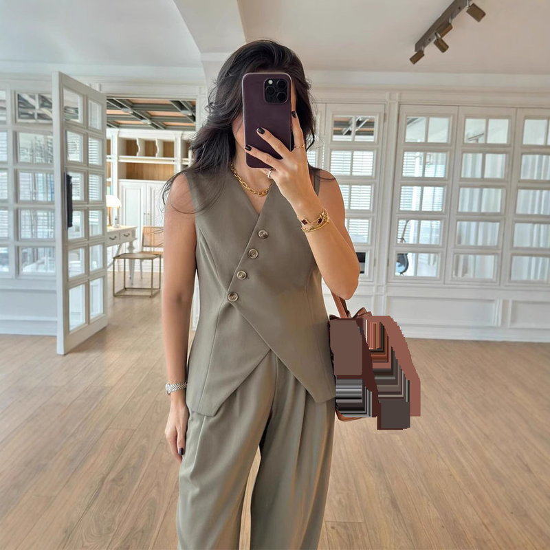 Ensemble deux pièces à la mode, décontracté, col en V, gilet, taille haute, pantalon de costume_voghion.com