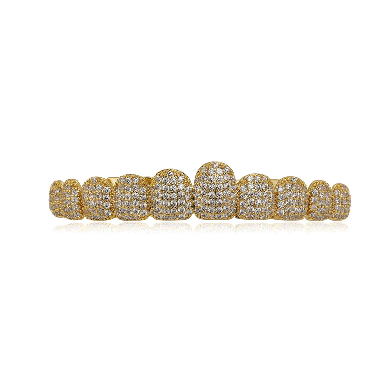 Set di grillz hip hop con 10 denti in diamanti micro-pavé - Gioielli dentali placcati in oro e argento, perfetti per Halloween, feste e spettacoli rap._voghion.com