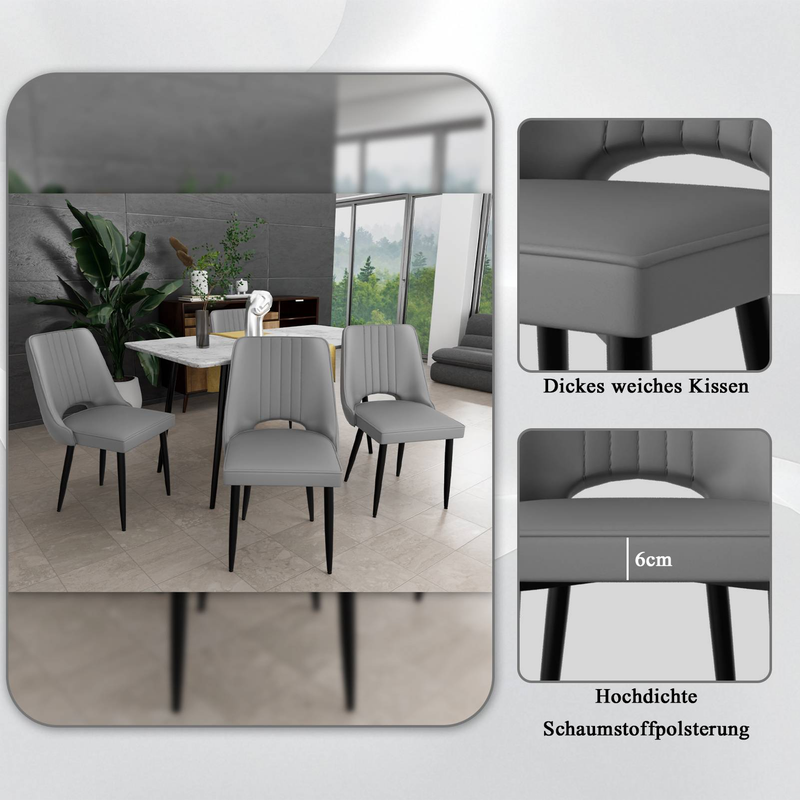 6er-Set moderne Esszimmerstühle – PU-Lederpolsterung mit hoher Rückenlehne, gekreuzte Metallbeine, dickes Kissen für Küche und Wohnzimmer, Grau_voghion.com