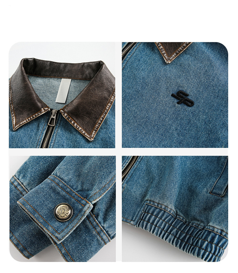 Vintage Blue Washed Denim Jacket For Men With PU Leather Collar - Detroit Style Workwear Coat_voghion.com