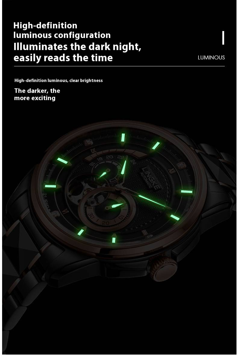 Montre mécanique squelette automatique pour homme avec grand cadran, design course noir, boîtier et bracelet en acier inoxydable, verre saphir, aiguilles lumineuses_voghion.com