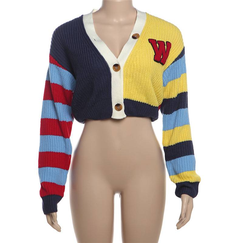 Damski, swobodny, kolorowy sweter z dzianiny z literami i guzikami, krótki rękaw, długi rękaw, modny top w stylu streetwear_voghion.com