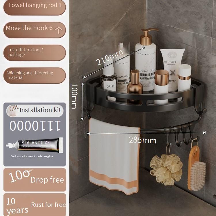 Estante de esquina de aluminio para baño, sin necesidad de taladrar, organizador de ducha triangular negro con barra para colgar, cesta de almacenamiento de pared para champú._voghion.com