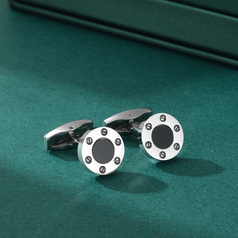 Elegant Onyx Inlaid Titanium Steel Screw Cufflinks For Dress Shirts Geometric Design, High Polish Finish, For Business, Wedding & Formal Occasions_voghion.com