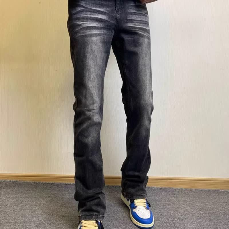 Calça jeans slim bootcut preta e cinza com efeito desgastado para homens e mulheres – jeans com lavagem vintage para um visual urbano e clean (tamanhos P-3XG)_voghion.com