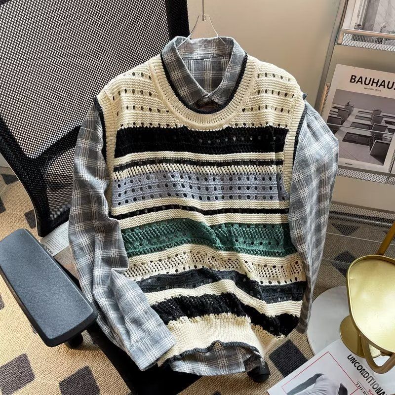 Herren-Strickweste mit Retro-Kontraststreifen – ärmelloses Unisex-Strickoberteil, trendiges Hohlgewebe für den Herbst-Layering-Look (Grün/Pink, S-XXXL)_voghion.com