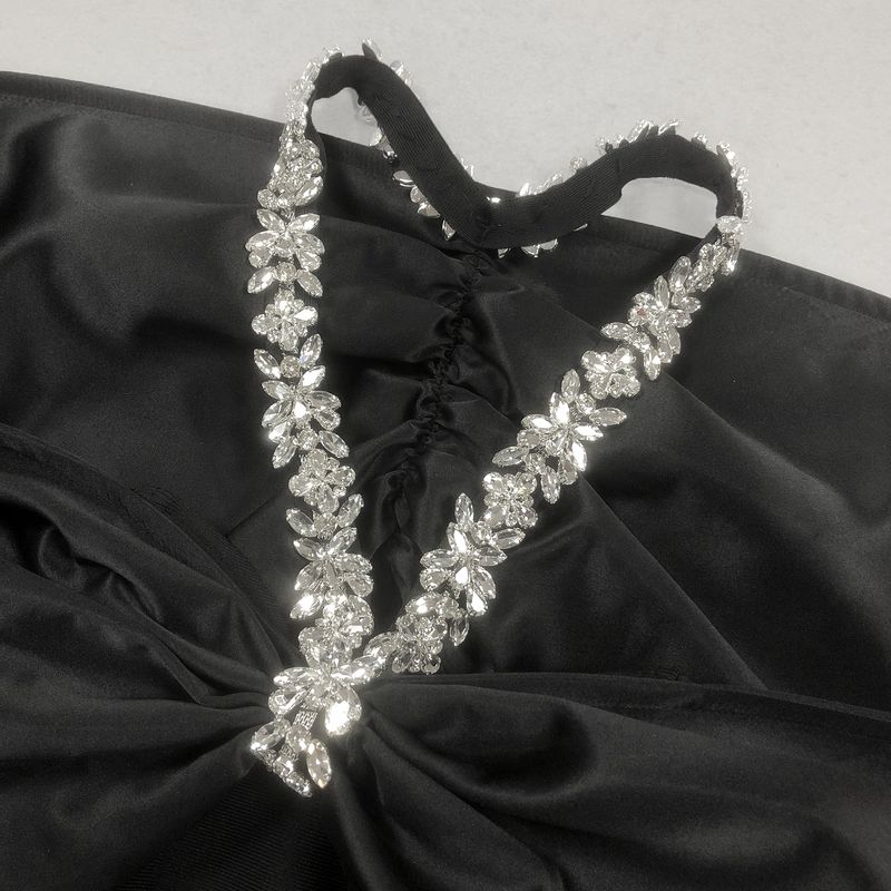 Robe de soirée élégante à dos nu et diamants noirs pour femme - Robe longue moulante à encolure haute_voghion.com