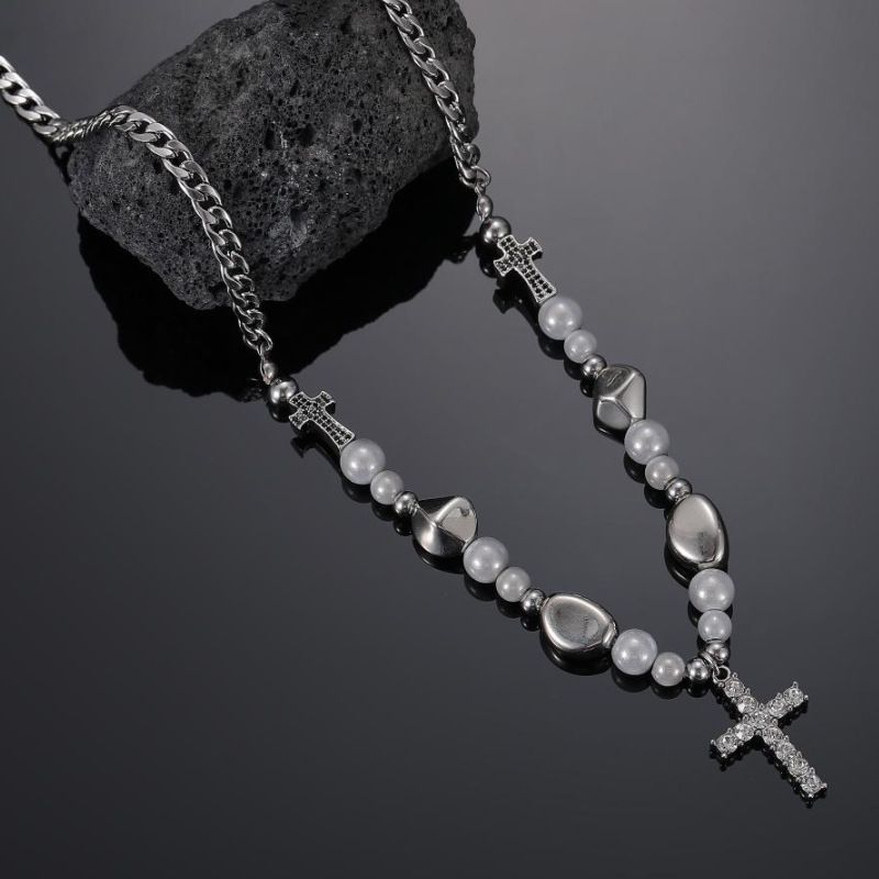 Necklace Men Necklace Hip Hop Cuban Chain Niche Light Luxury Reflective Pearl Titanium Steel Full Diamond Cross Necklace For Men Trendy High Street I_voghion.com