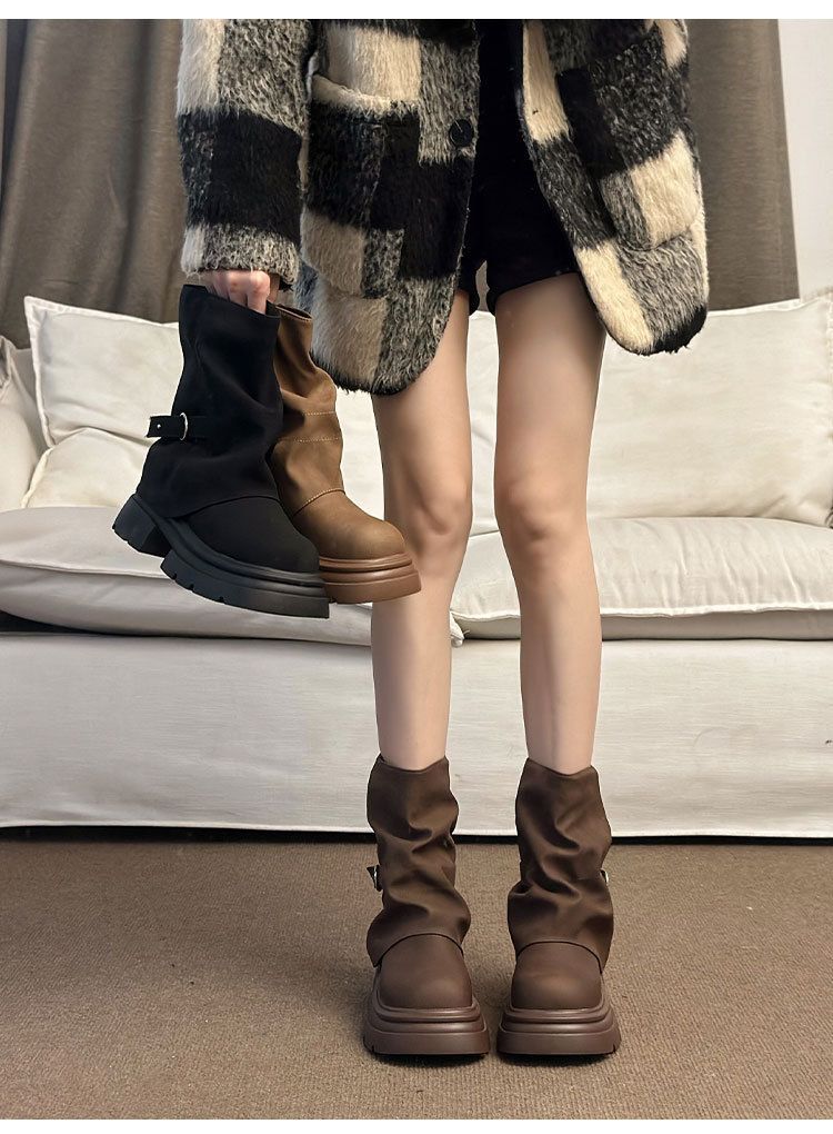 Brown Retro Maillard Thick Soled Martin Boots For Women, 2025 New Autumn Versatile Height Increasing Pile Leg Boots_voghion.com