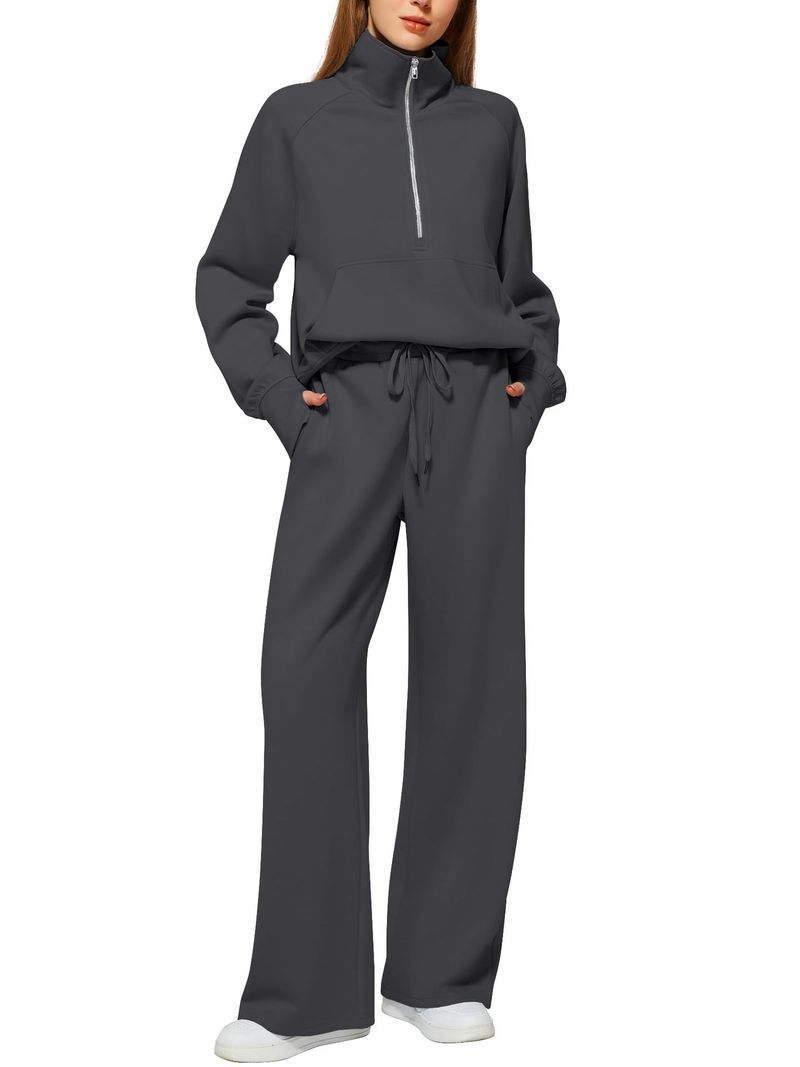 2025 Women's Two-Piece Oversized Half-Zip Sweatshirt Wide-Leg Sweatpants Casual Set_voghion.com