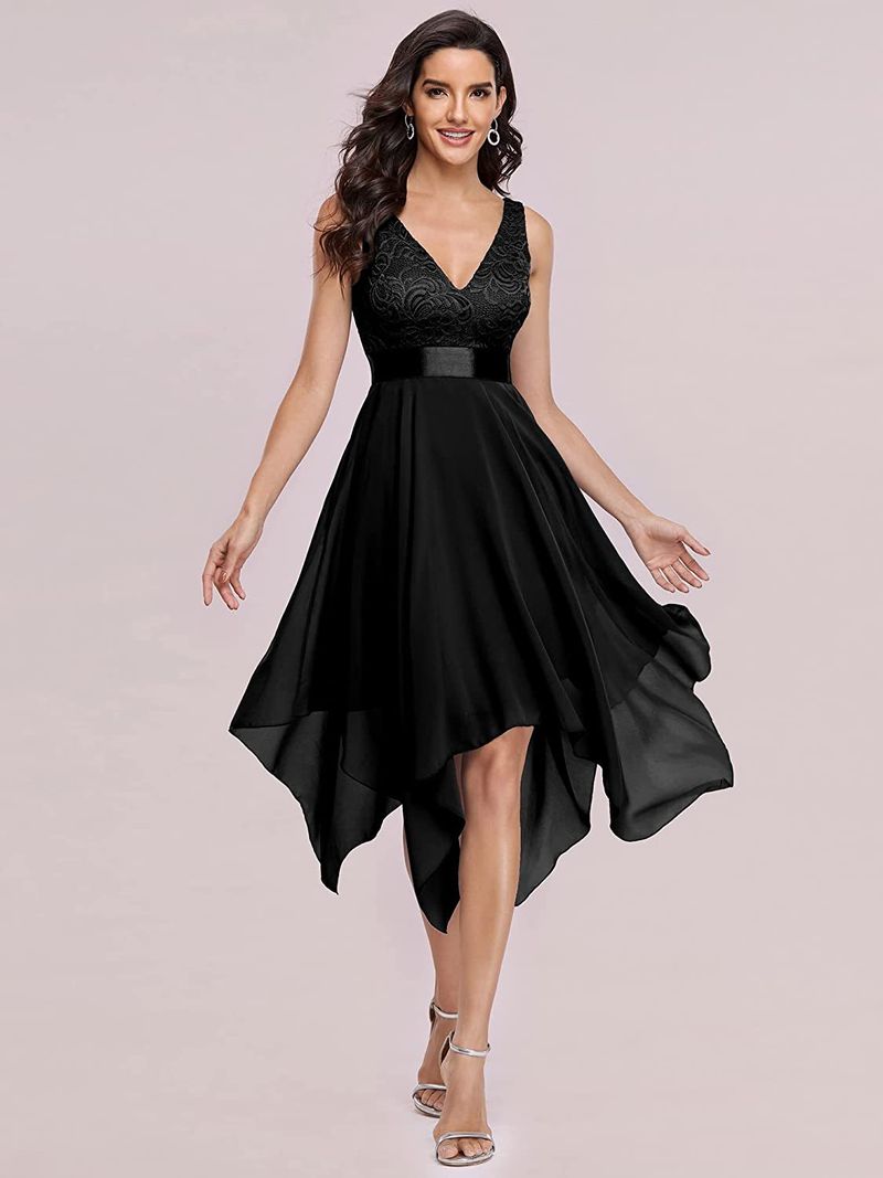 Nouveau style pour femmes double col en v A-ligne sans manches en dentelle en mousseline de soie jupe irrégulière robe de soirée mode robe de cocktail_voghion.com