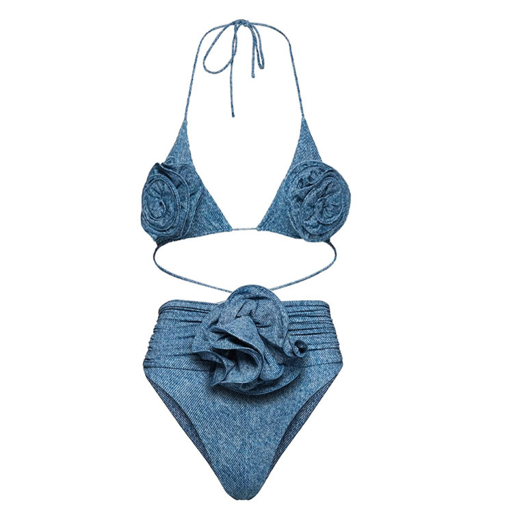 Einteiliger Damen-Badeanzug, One-Shoulder-3D-Blumendekoration, hohler Denim-Druck-Badeanzug für Damen_voghion.com