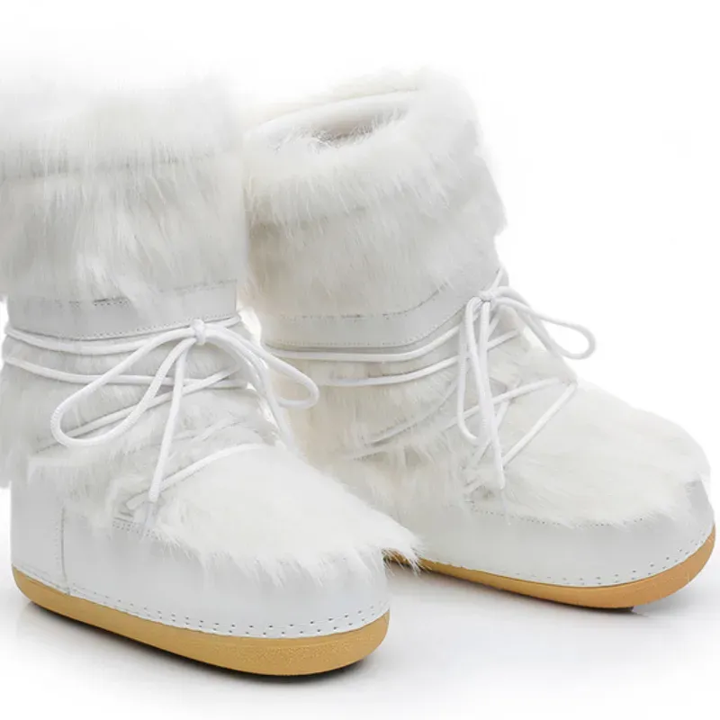 Schuhe von besserer Qualität 2024 Neue Winterpelz-Schnee-Frauen-Ski-flauschige haarige Schnürung mit mittlerer Wadenplattform flach mit weißen Baumwollstiefeln_voghion.com