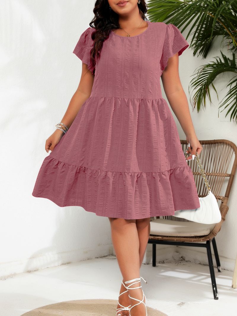 Women's Clothing Large Size Round Neck Lotus Leaf Sleeve Waist Holiday Leisure Temperament Dress_voghion.com